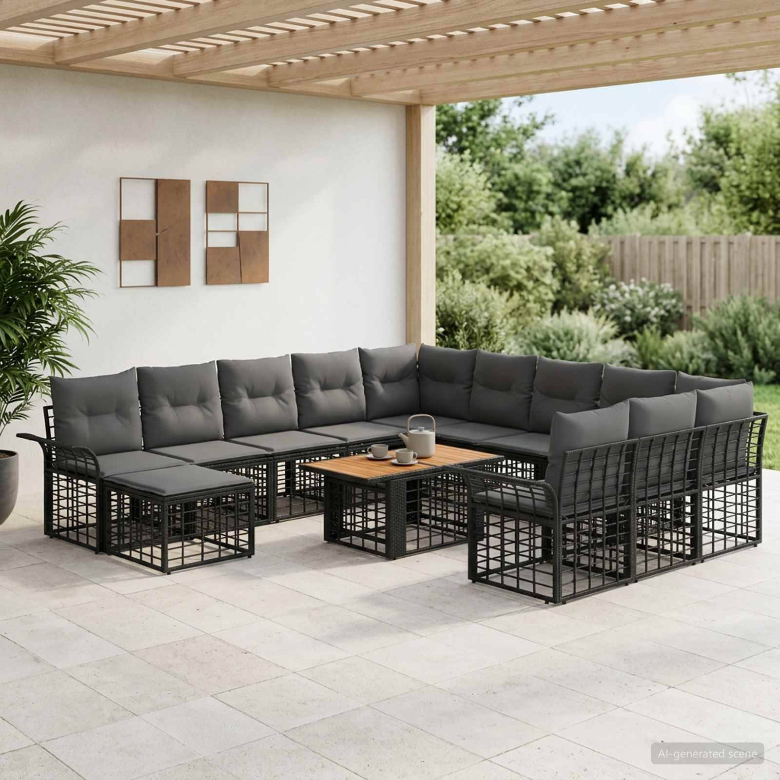 Outdoor-Terrassensofagarnitur mit Ecksofa mit grauen Kissen, schwarzen Metallrahmen, Couchtisch und Ottomane unter einer überdachten Pergola.