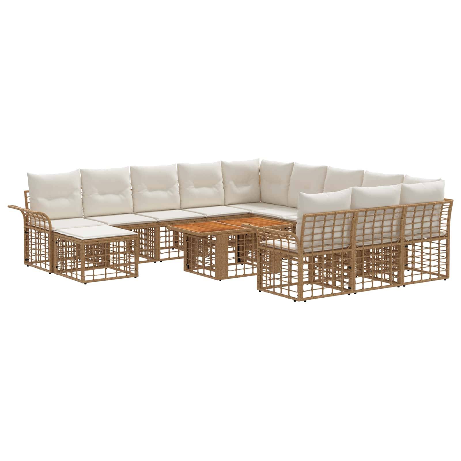 Rattan-Außensofa-Set in L-Form mit cremefarbenen Kissen und passendem Couchtisch auf weißem Hintergrund.