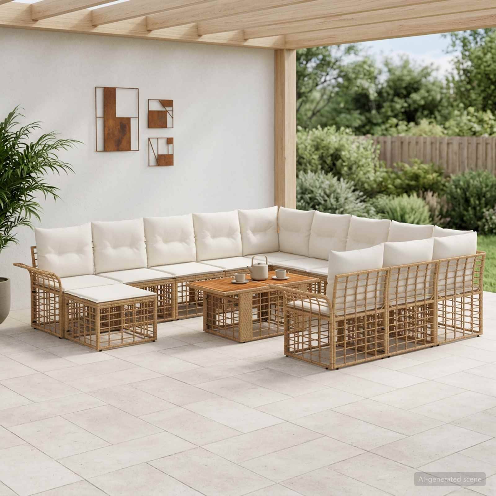 Überdachte Terrasse mit einem Korb-L-förmigen Ecksofa, passenden Stühlen und einem Holz-Couchtisch unter einer überdachten Pergola.