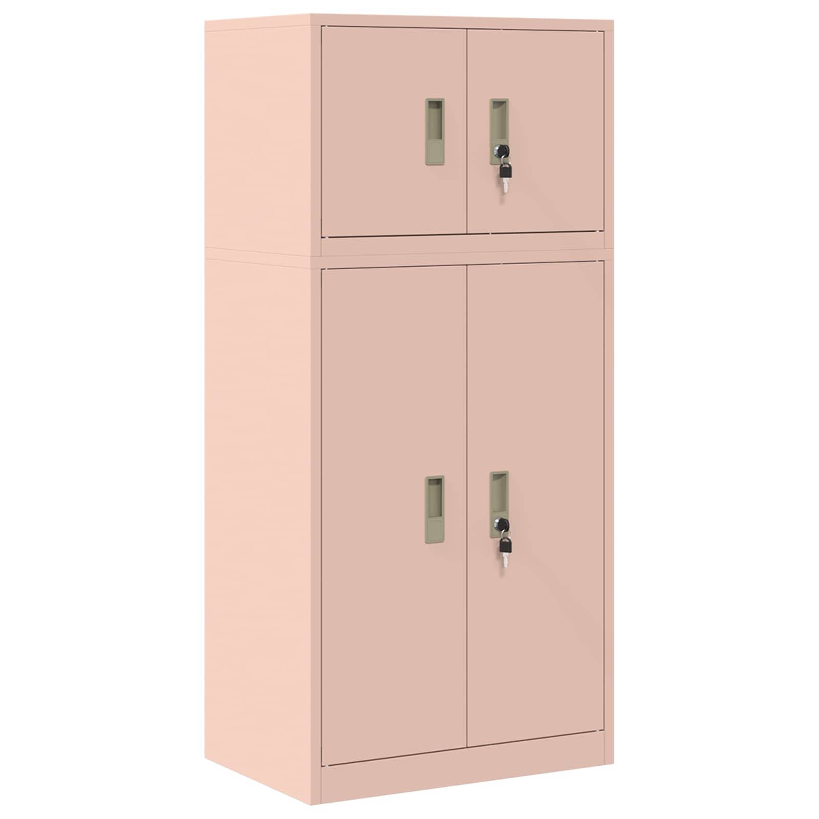 Rosa Metall-Lagerschrank mit vier Türen und Schlössern, Vorderansicht auf neutralem Hintergrund.