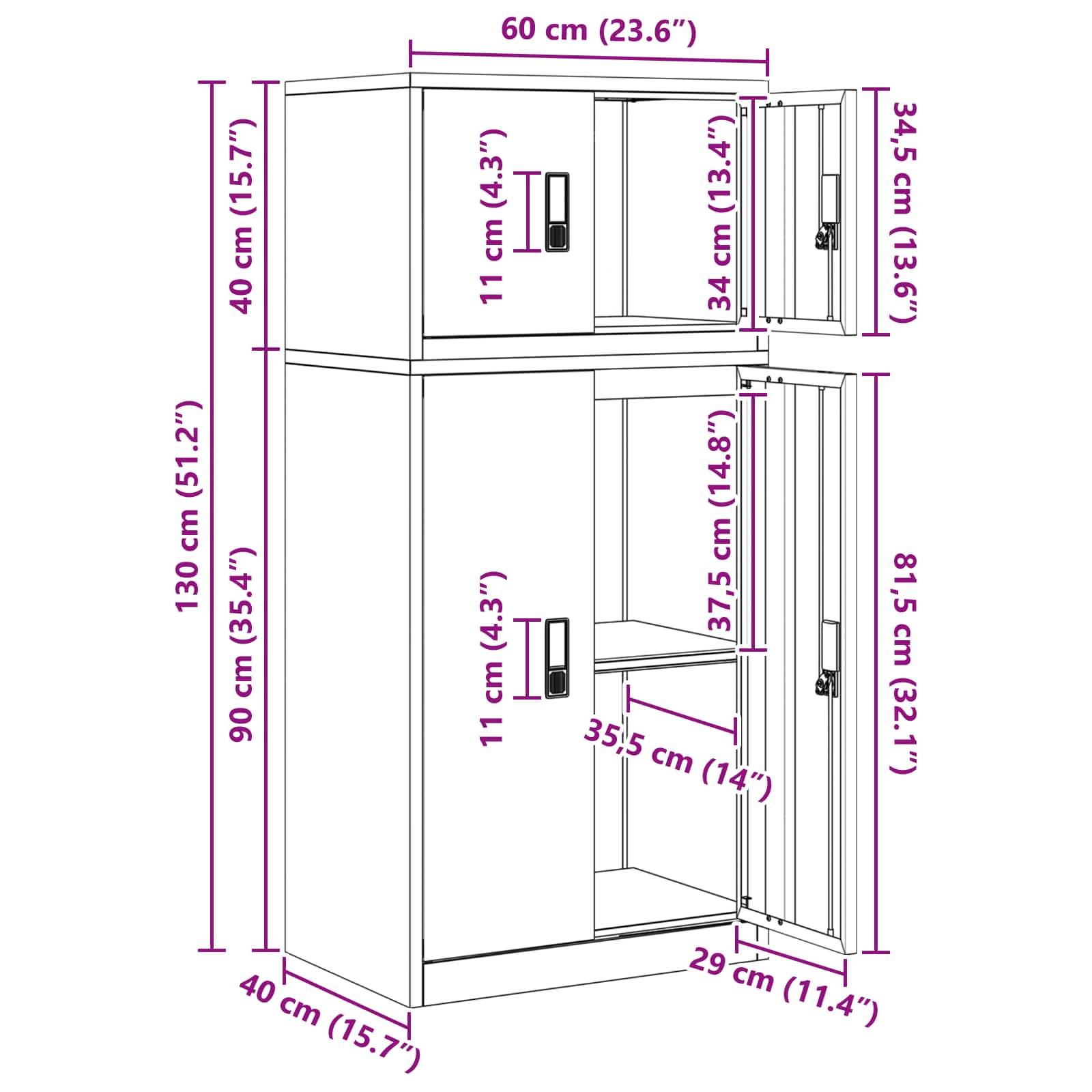 Maßstabgerechte Zeichnung eines zweiteiligen Schranks mit Türen, die die Gesamtgröße von 130 cm Höhe × 60 cm Breite × 40 cm Tiefe sowie interne Regalmessungen und Türmessungen zeigt.