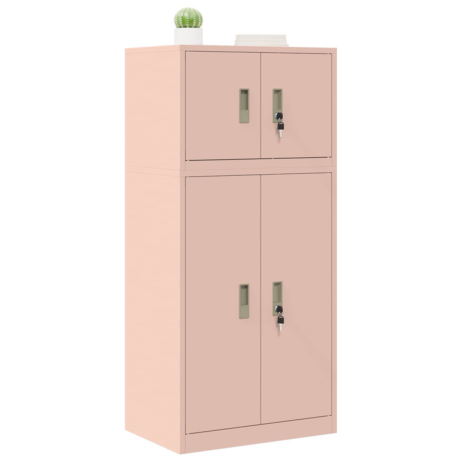 Rosa Metalllagerschrank mit vier Türen, zwei davon verriegelt, mit einem kleinen Kaktus und einem Tablett oben drauf.