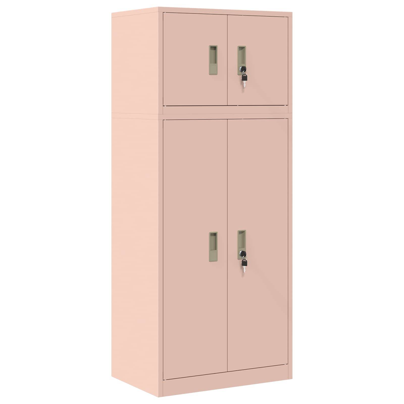 Hoher rosa Metalllagerschrank mit vier Türen und Schlössern, gezeigt auf weißem Hintergrund.