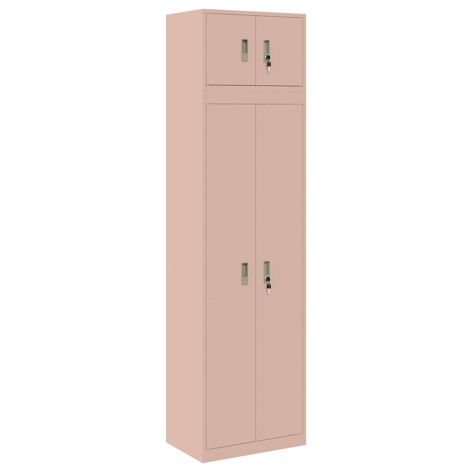 Hoher rosa Metall-Lagerschrank mit zwei oberen Fächern und zwei unteren Türen auf weißem Hintergrund.