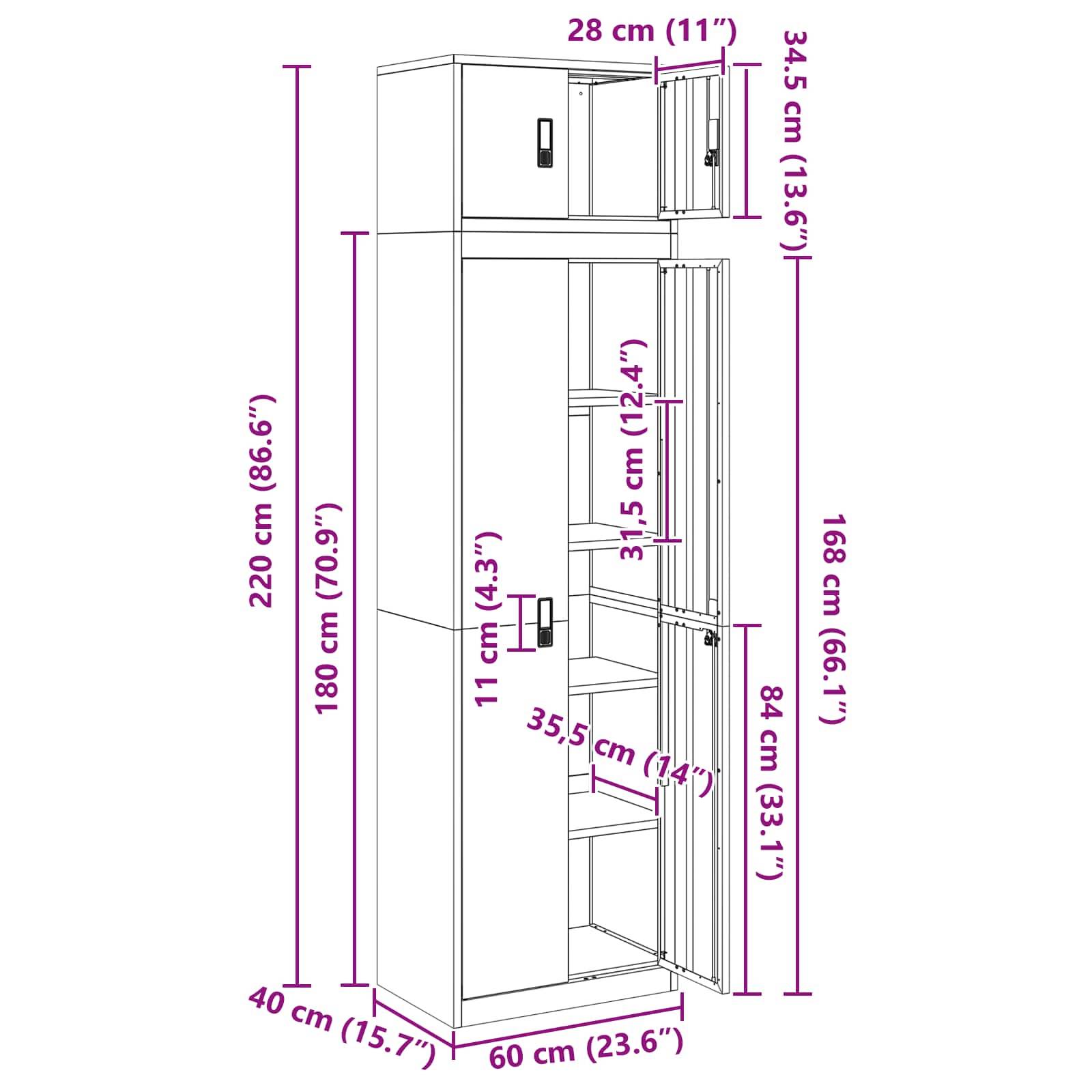 Technische Maßstabzeichnung eines hohen Lagerschranks mit einer offenen Tür, die Gesamtgröße von 220 cm Höhe × 60 cm Breite × 40 cm Tiefe und interne Regal- und Fachmaße zeigend.