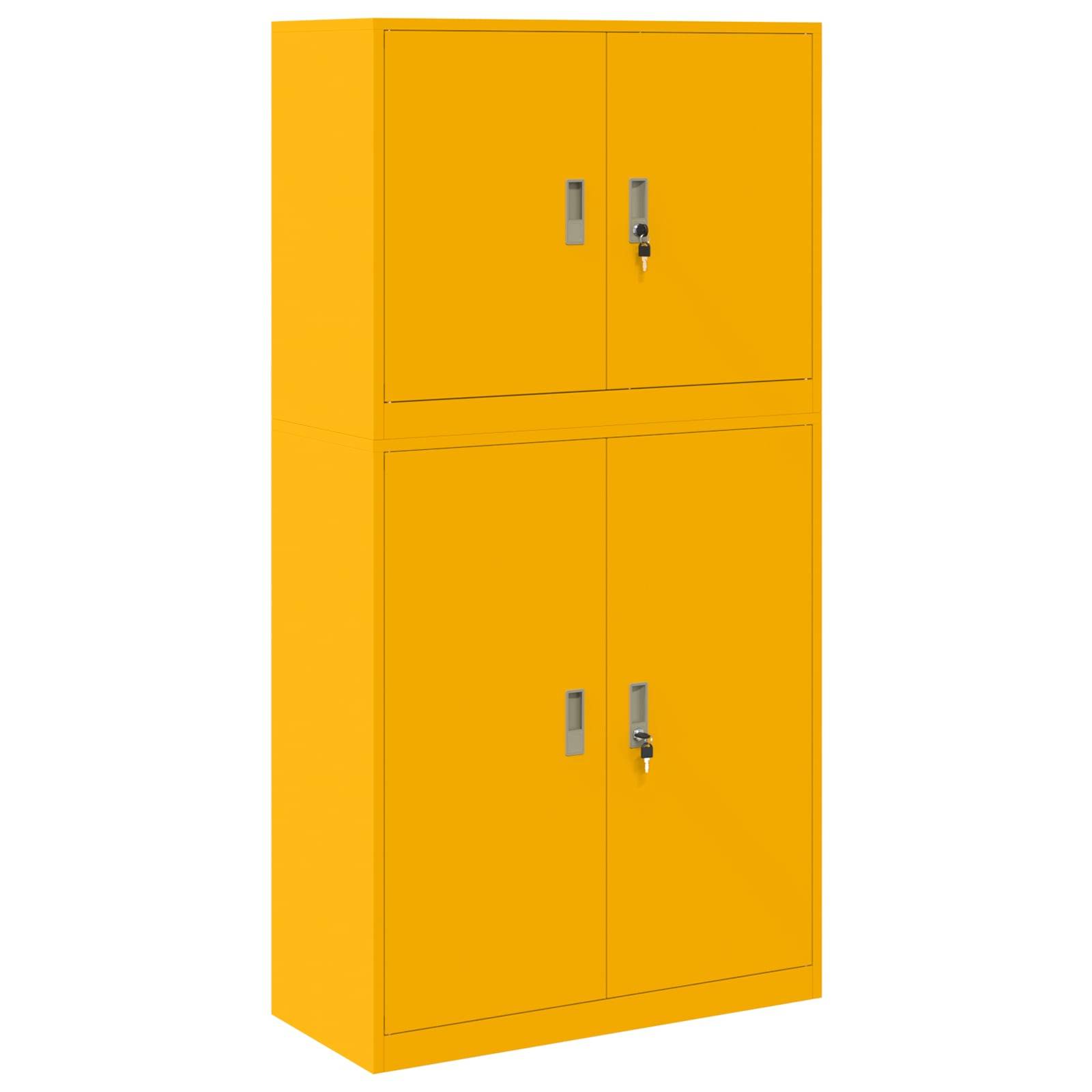 Gelber Metalllagerschrank mit vier abschließbaren Türen, dargestellt in einer einfachen Produktansicht.