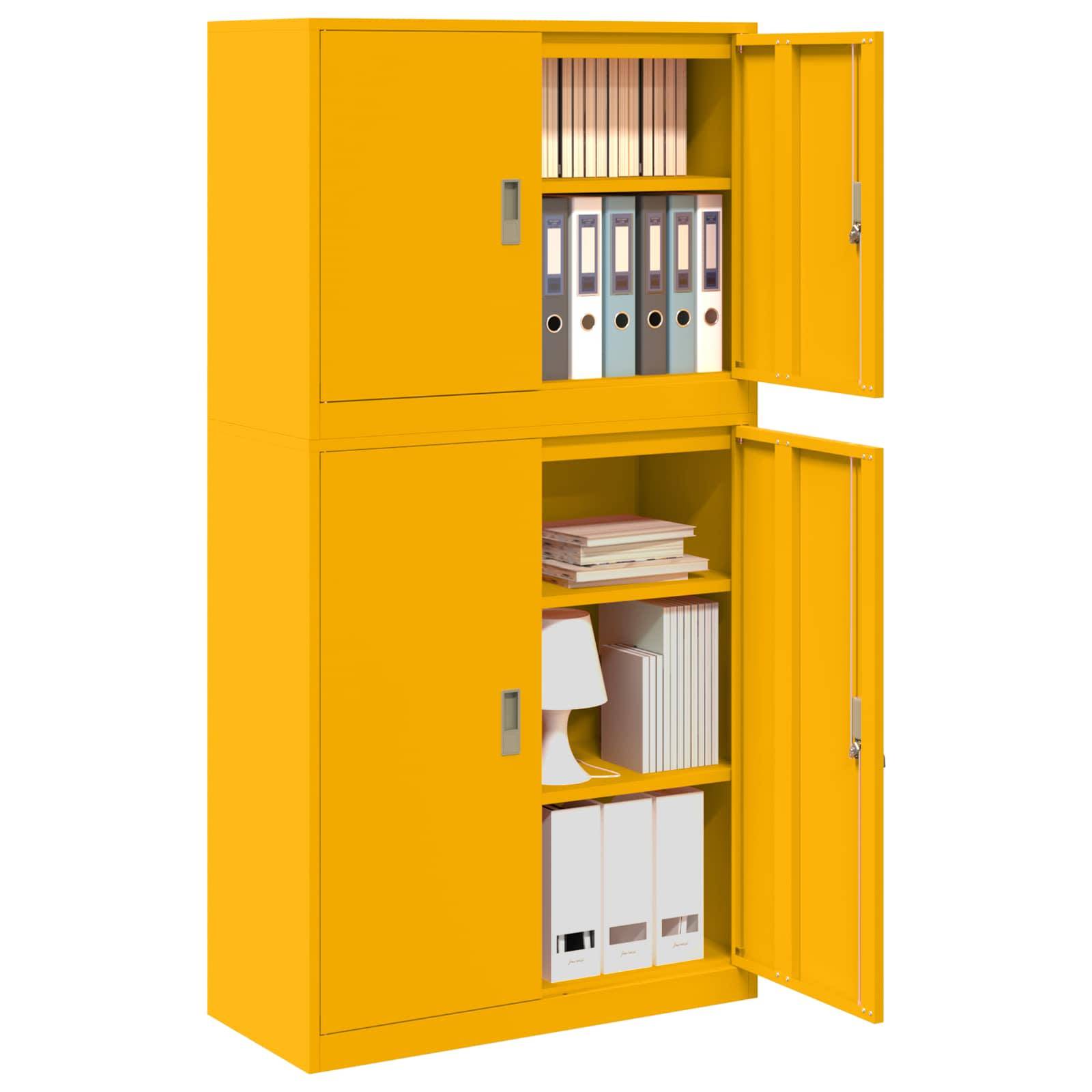 Gelber Lagerschrank mit zwei offenen Fächern auf Regalen mit Ordnern, Büchern und Dokumenten.