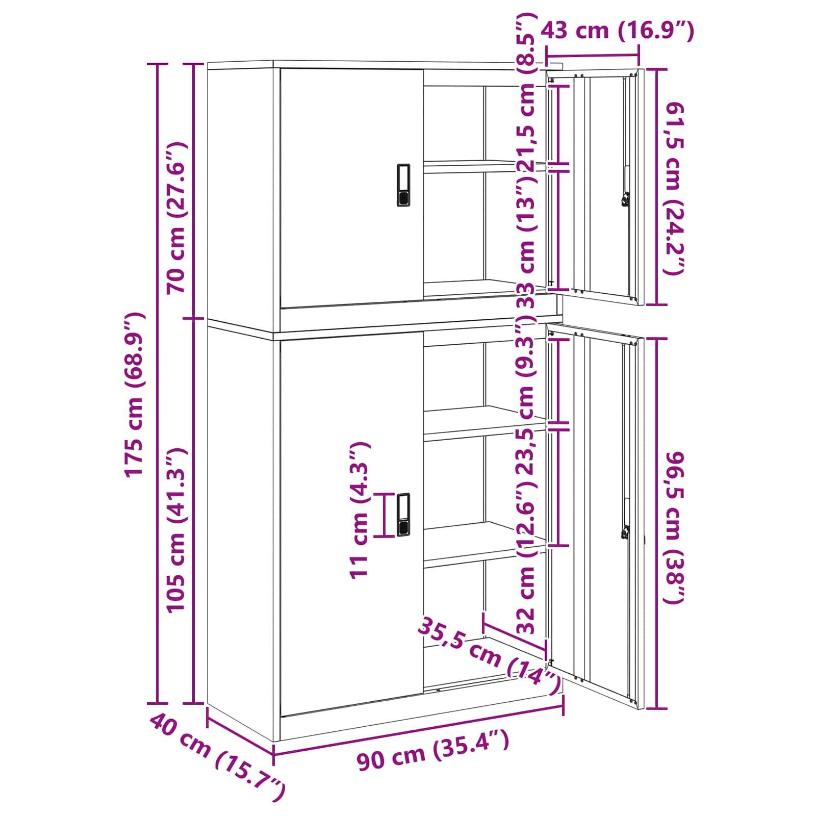 Kommentiertes Diagramm eines zweitürigen Lagerschranks mit Abmessungen: 90 cm breit, 40 cm tief, 175 cm hoch, mit gekennzeichneten Tür- und Regalmessungen.
