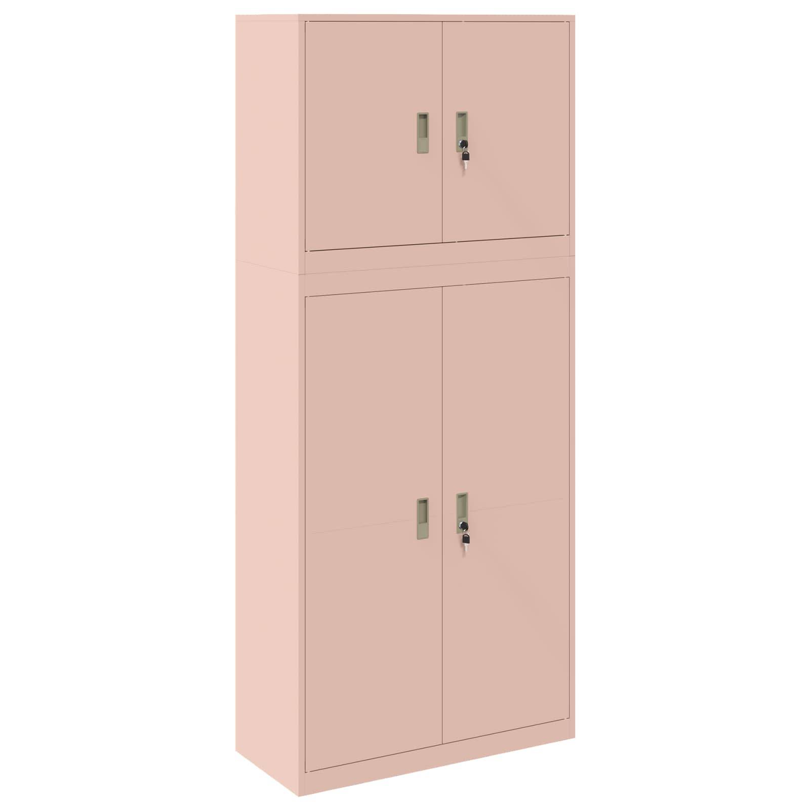 Hoher rosa Metalllagerschrank mit vier Türen und kleinen Griffen, gezeigt auf weißem Hintergrund.