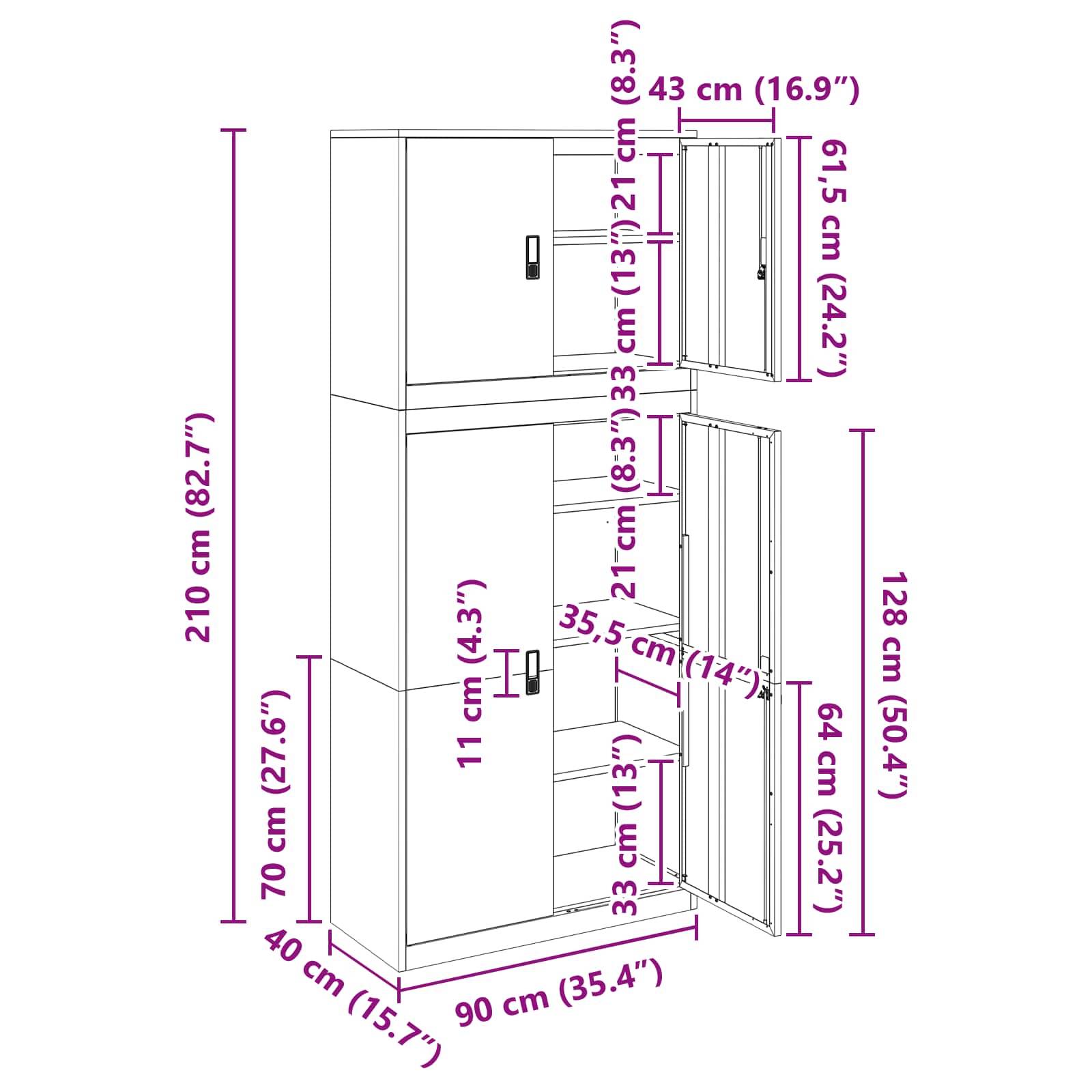 Maßstabgerechte Zeichnung eines hohen Schranks mit zwei Türen und Regalen, zeigt die Gesamtgröße von 210 cm Höhe, 90 cm Breite, 40 cm Tiefe, sowie Tür- und Fachmessungen.