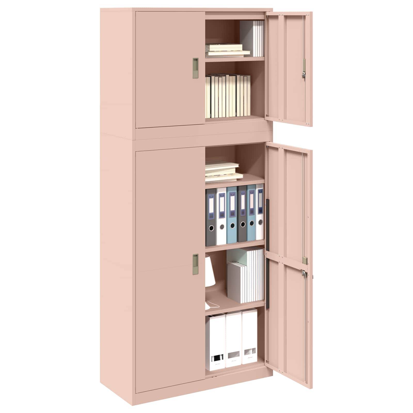 Rosa Metalllagerschrank mit offenen Türen, die Regale mit Büchern, Ordnern und Dateien im Inneren zeigen.