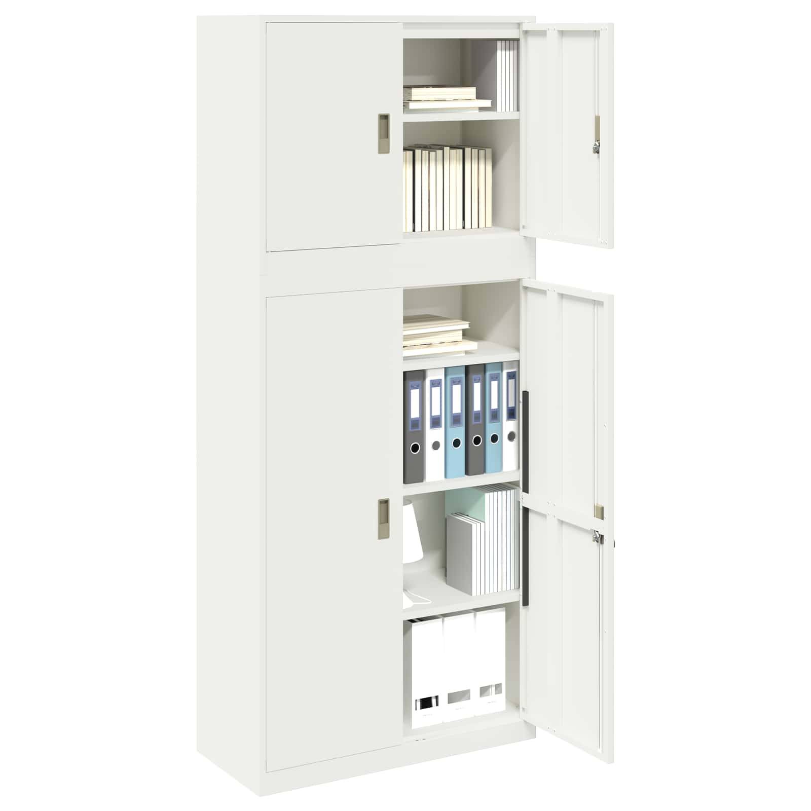 Weißer Aktenschrank mit zwei offenen Türen, die Regale mit Ordnern, Büchern und Büroakten zeigen.