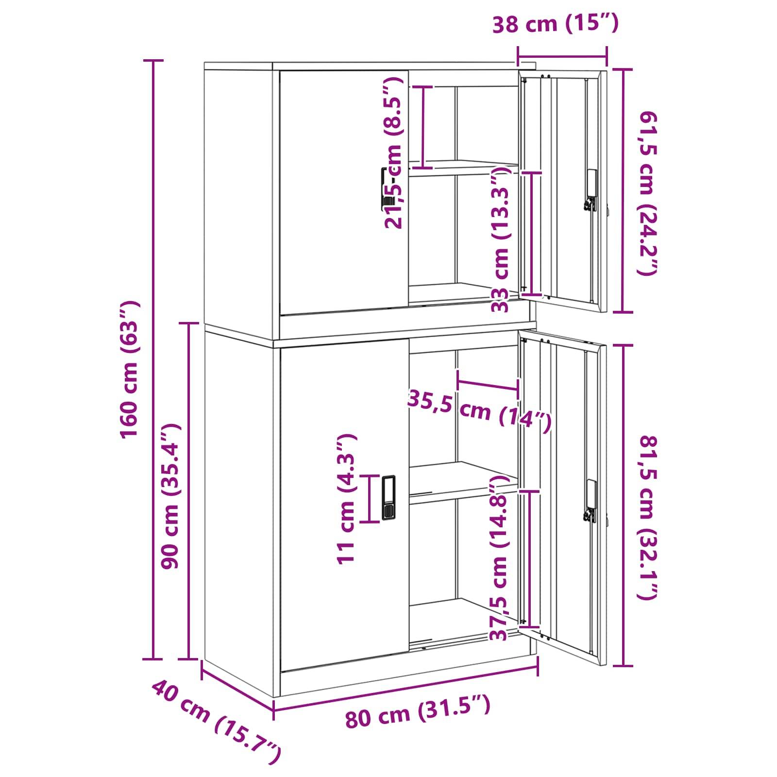 Bemaßtes Diagramm eines zweitürigen Schranks mit Gesamtabmessungen von 160 cm Höhe, 80 cm Breite und 40 cm Tiefe, mit beschrifteten Fach- und Türmessungen.