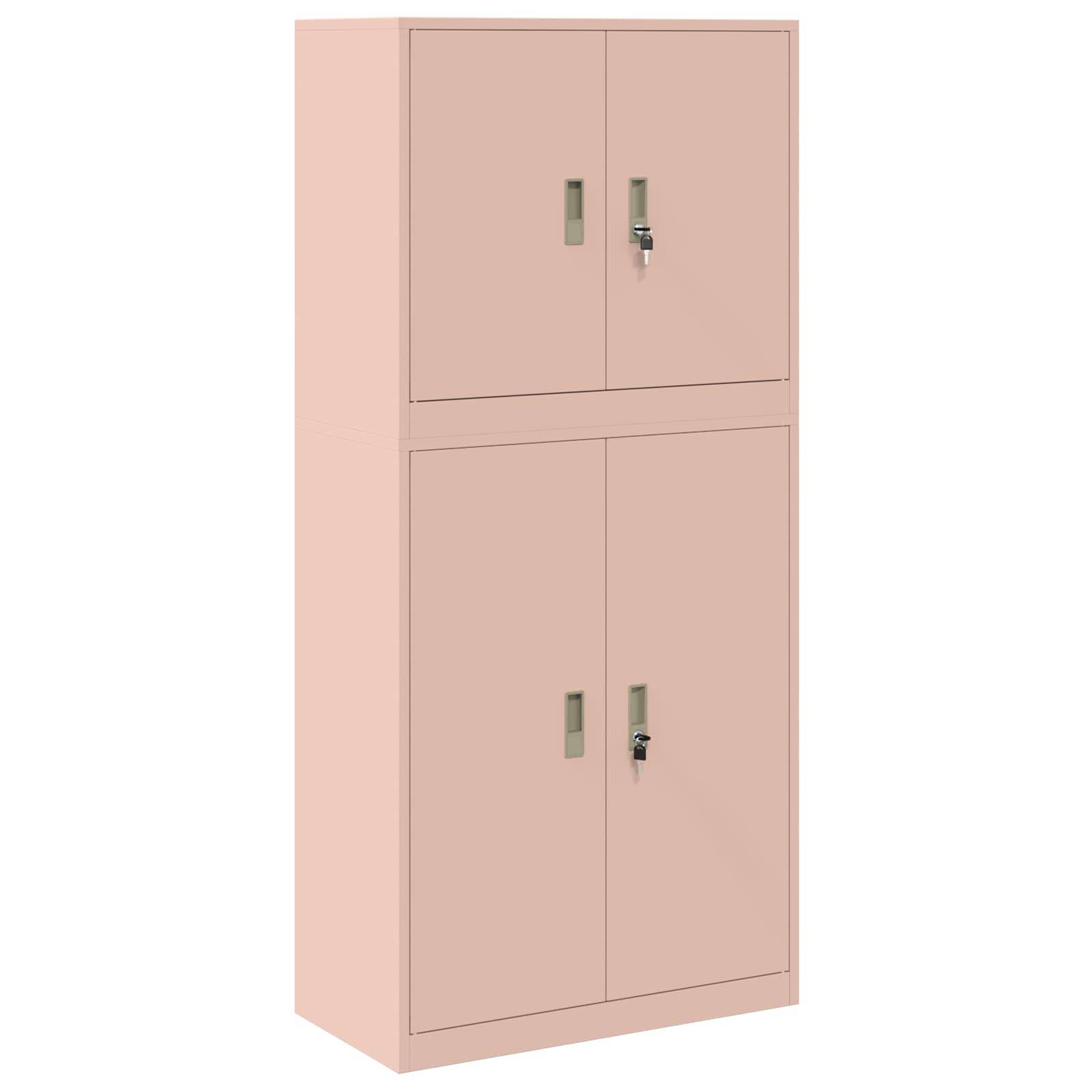 Rosa Metalllagerschrank mit vier Türen und Verschlussverschlüssen, Vorderansicht auf weißem Hintergrund dargestellt.