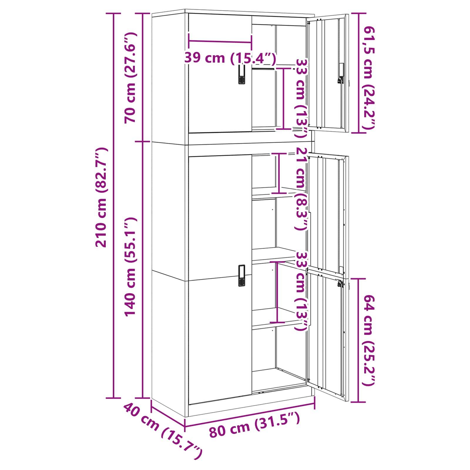 Maßstabzeichnung eines zweiteiligen Lagerschranks mit Ober- und Unterentüren, wobei die Gesamtgröße 210 cm hoch, 80 cm breit und 40 cm tief ist.