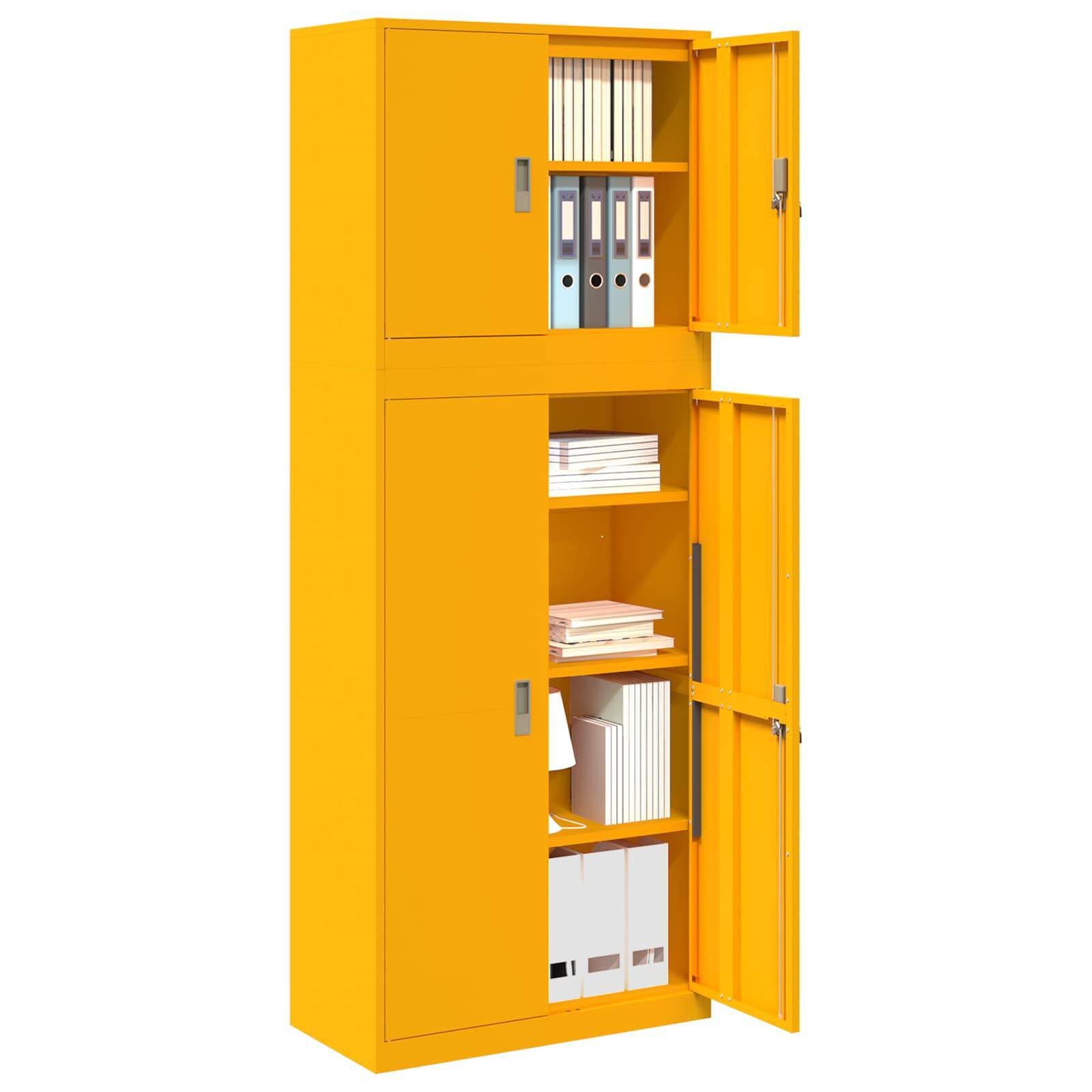 Gelber Lagerschrank mit offenen Türen, der Regale mit Ordnern, Büchern und Mappen im Inneren zeigt.