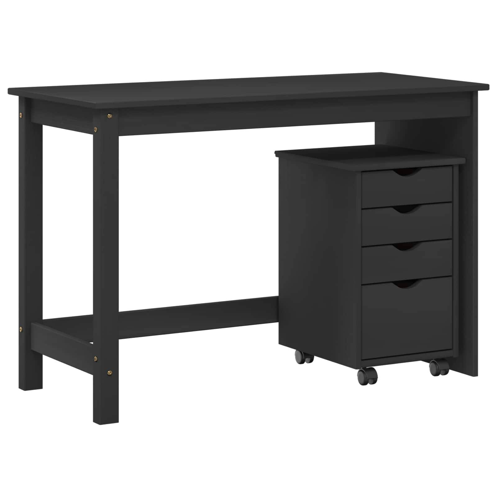 Schwarzer Schreibtisch mit einem passenden vierschubladigen fahrbaren Pedestal-Schrank darunter auf weißem Hintergrund.