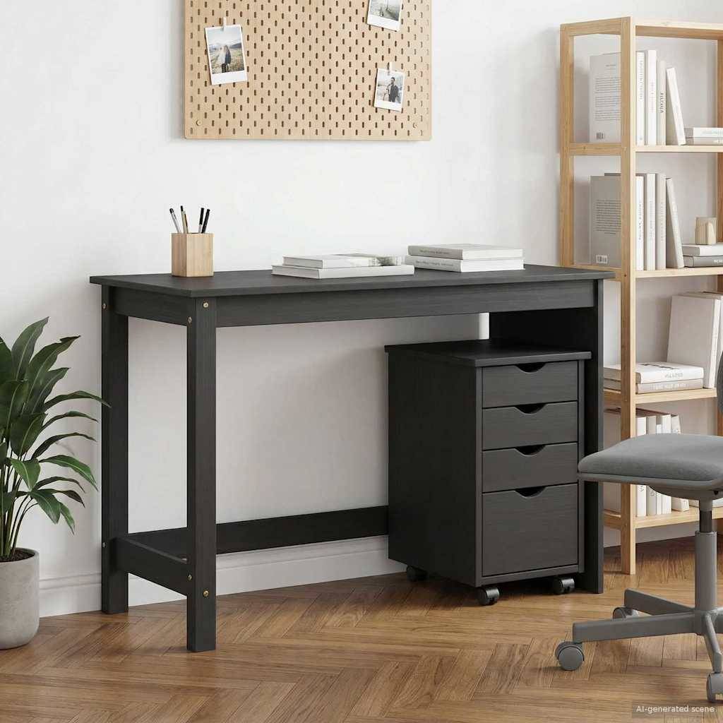 Schwarzer Schreibtisch mit passendem dreischubladigen fahrbarem Aktenschrank in einem minimalistischen Homeoffice, mit Büchern, Pflanze, Regalen und Bürostuhl mit Rollen in der Nähe.