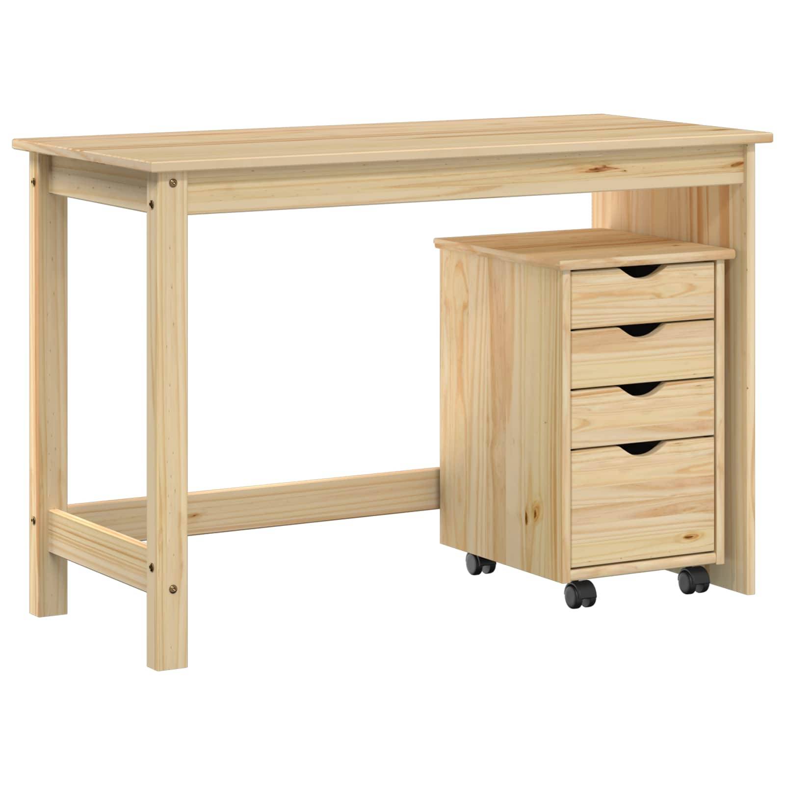 Heller Holzschreibtisch mit passendem fahrbarem Schubladenschrank darunter auf weißem Hintergrund.