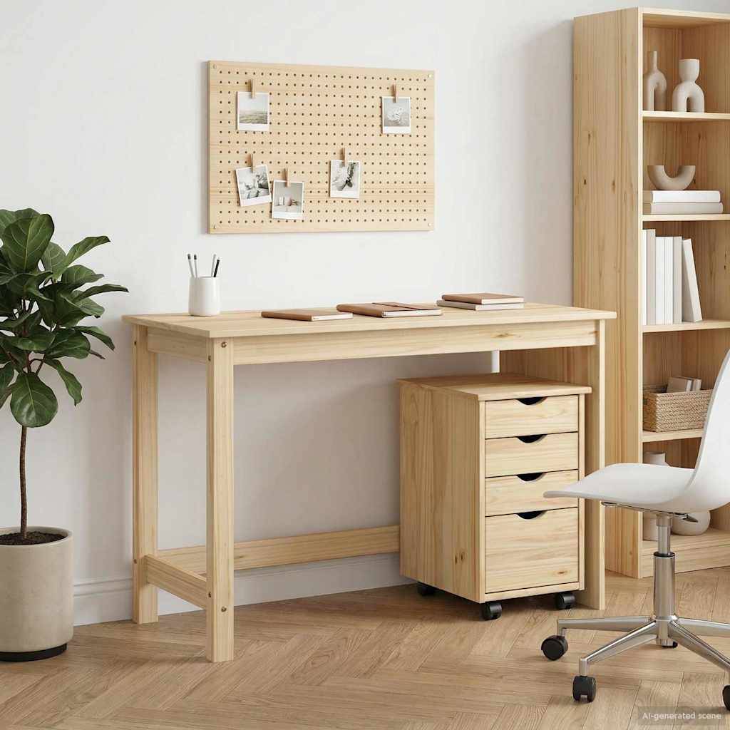 Minimalistisches Homeoffice mit hellem Holzschreibtisch, fahrbarem Schubladenschrank, Regalen, Pflanze und an der Wand angebrachtem Pegboard mit ausgestellten Fotos.