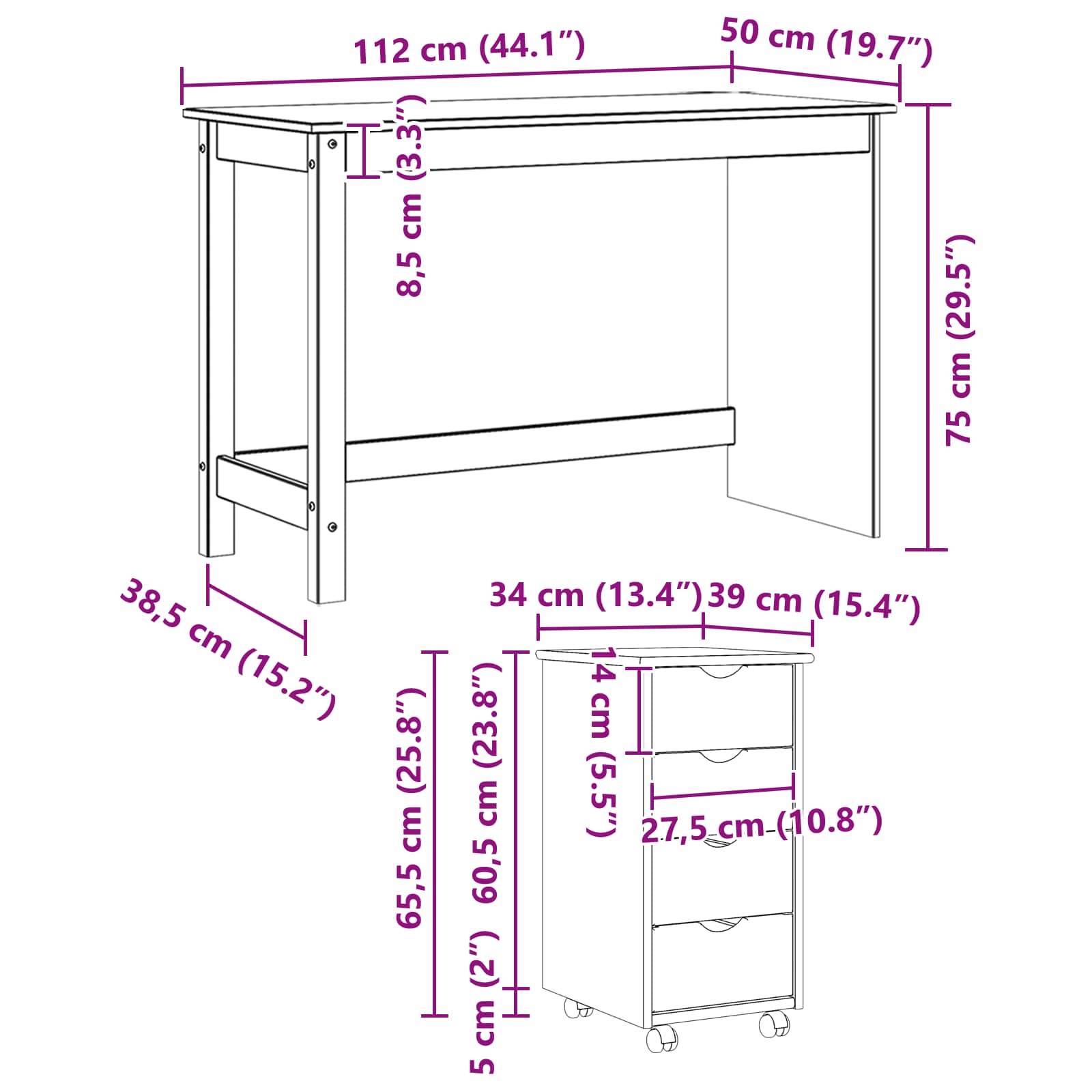 Maßstabgerechte Zeichnung von zwei Möbelstücken: ein Tisch 112 x 50 x 75 cm und ein fahrbarer Schrank 39 x 34 x 65,5 cm, mit beschrifteten Maßen in Zoll.
