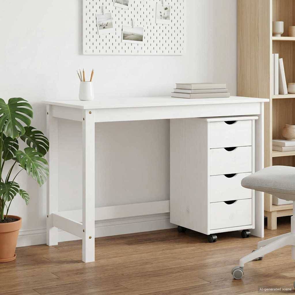 Weißer Schreibtisch mit vier Schubladen mobilem Schrank in einem hellen Homeoffice, mit Pflanze, Stuhl, Regalen und Wandpegboard-Display.