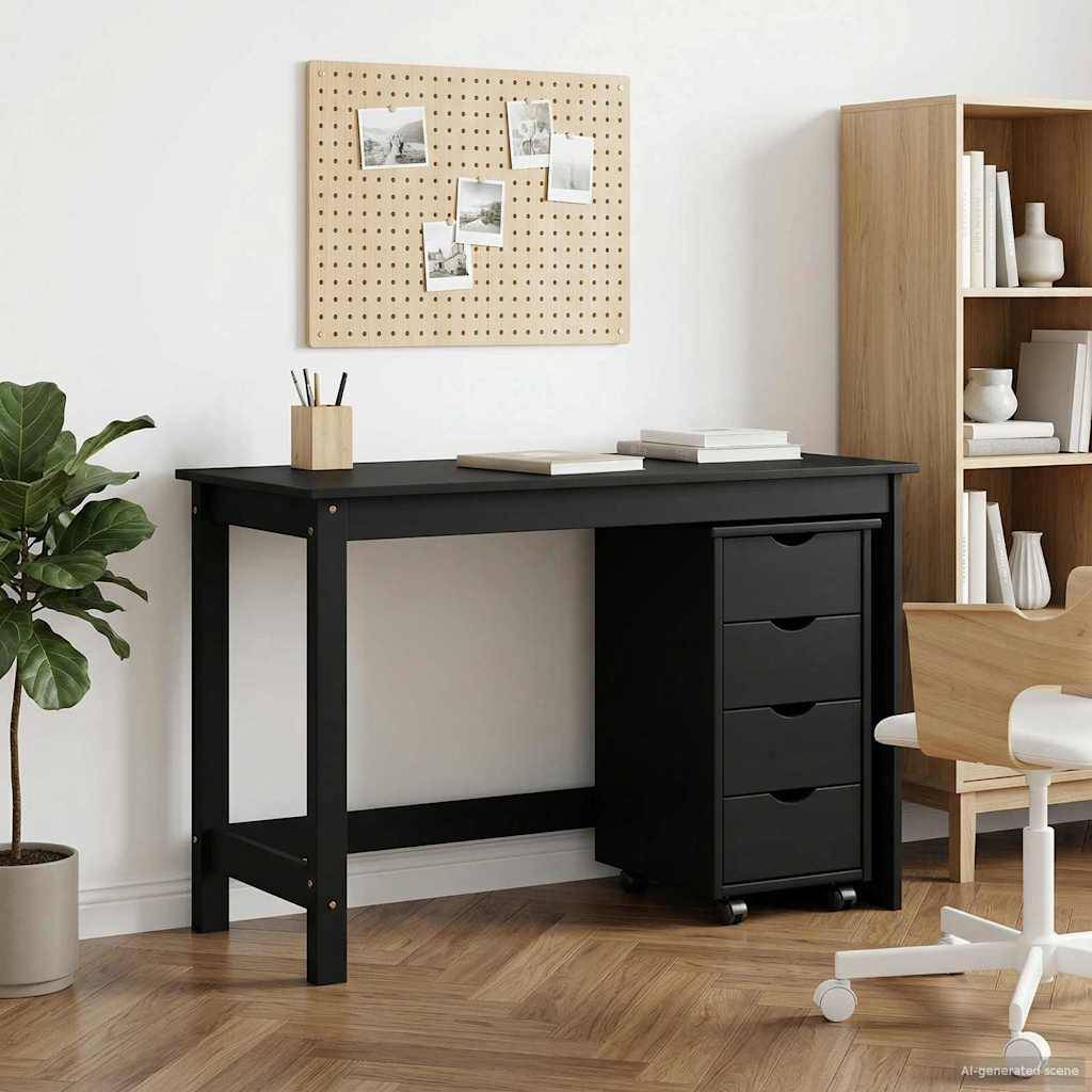Minimales Homeoffice mit schwarzem Schreibtisch und fahrbarem Schubladenschrank, Lochbrett-Wanddisplay, Pflanze, Bücherregal und Stuhl auf Fischgrät-Parkettboden.