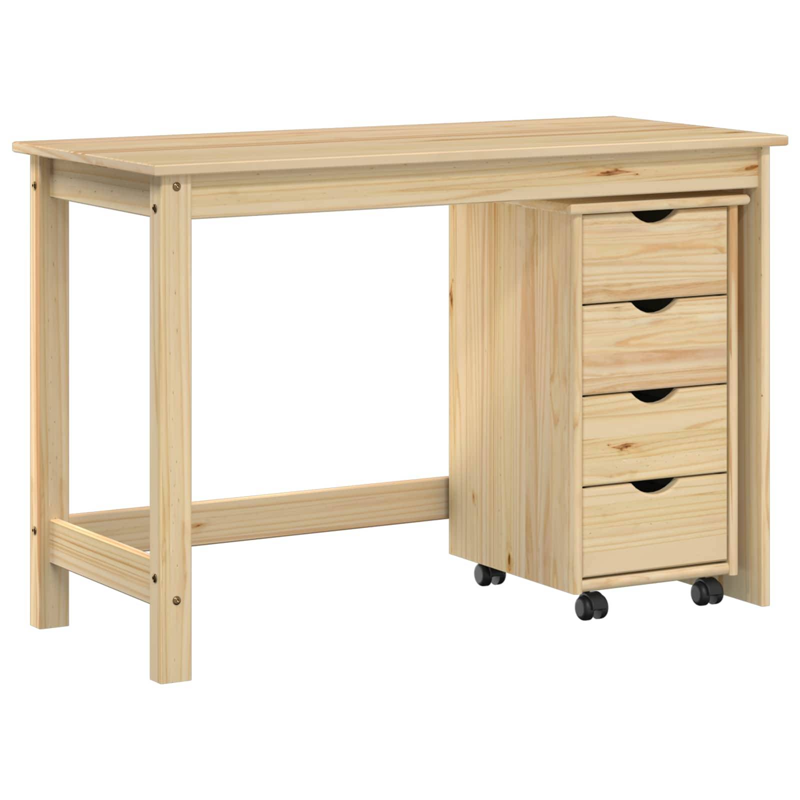 Heller Holzschreibtisch mit seitlichem Schrank aus vier Schubladen auf Rollen, gezeigt auf weißem Hintergrund.