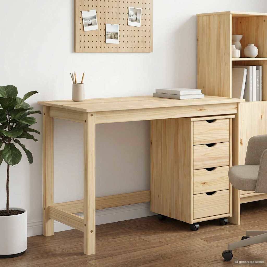Heller Holzschreibtisch mit vierschubladigem fahrbarem Schrank in einem minimalistischen Homeoffice, neben einem Stuhl, einer Pflanze und einem Regal.