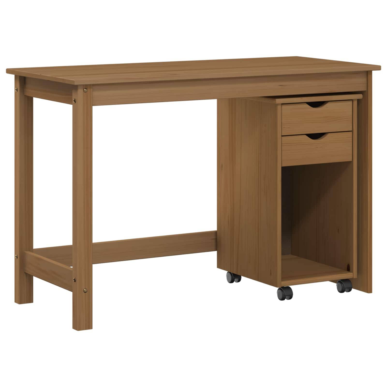 Hölzerner Schreibtisch mit einem rollbaren Schrank auf der rechten Seite, zwei Schubladen und einem offenen Regal unter einer rechteckigen Tischplatte.