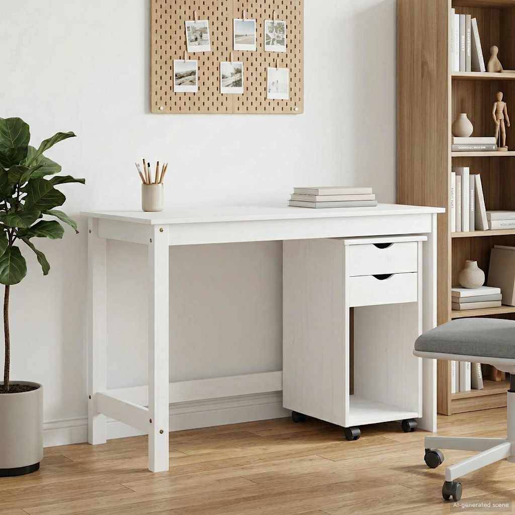 Weißer Schreibtisch mit fahrbarem Schubladenschrank in einem minimalistischen Homeoffice, neben einer Pflanze und einem Bücherregal.