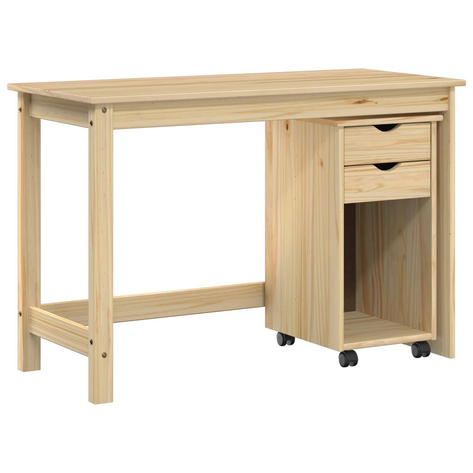 Heller Holzschreibtisch mit Seitenschrank, zwei Schubladen, offenes Regal und Rollen auf weißem Hintergrund.
