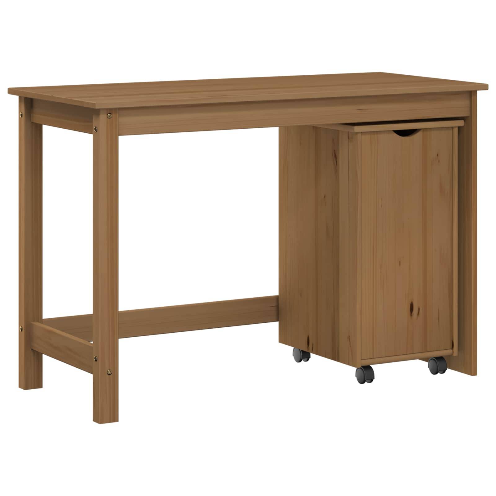 Holztisch mit einem ausziehbaren Rollschrank auf der rechten Seite, dargestellt auf weißem Hintergrund.