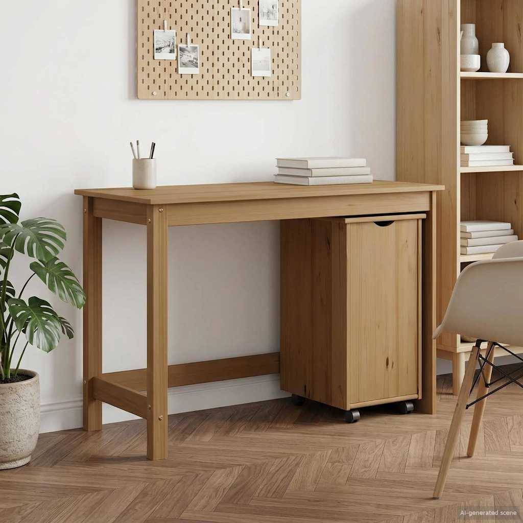 Holztisch für das Homeoffice mit einem fahrbaren Aufbewahrungsschrank darunter, dargestellt in einem hellen minimalistischen Raum mit einem Stuhl, einer Pflanze, Regalen und einer Wandtafel.