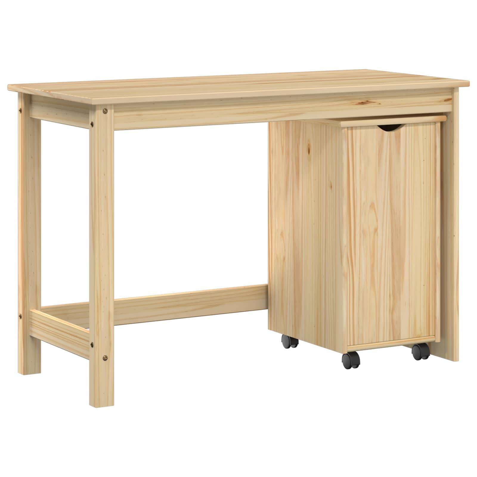 Heller Holzschreibtisch mit ausziehbarem fahrbarem Schrank auf der rechten Seite.