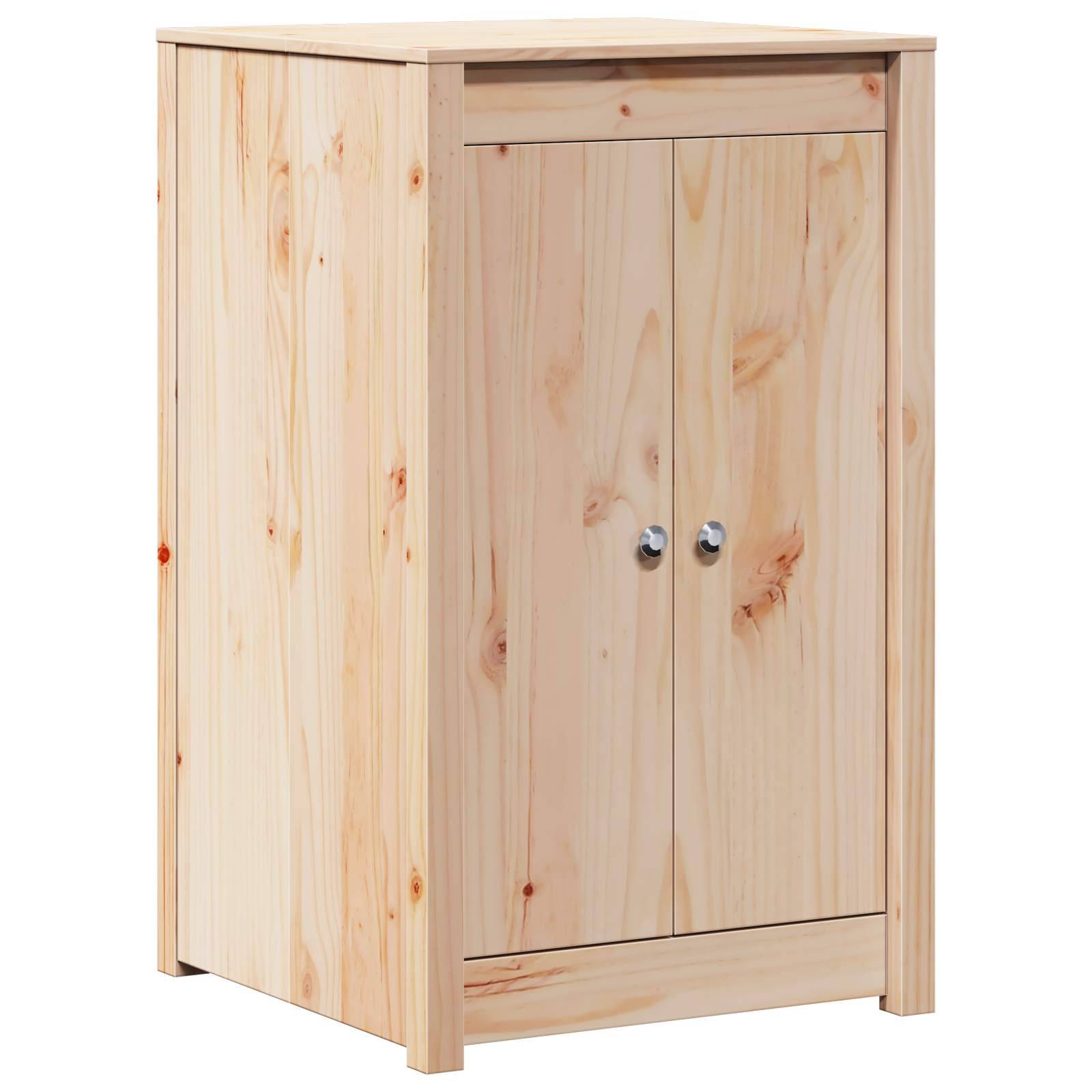 Ein helles Holz-Lagerschrank mit zwei Fronttüren und runden Metallknöpfen.