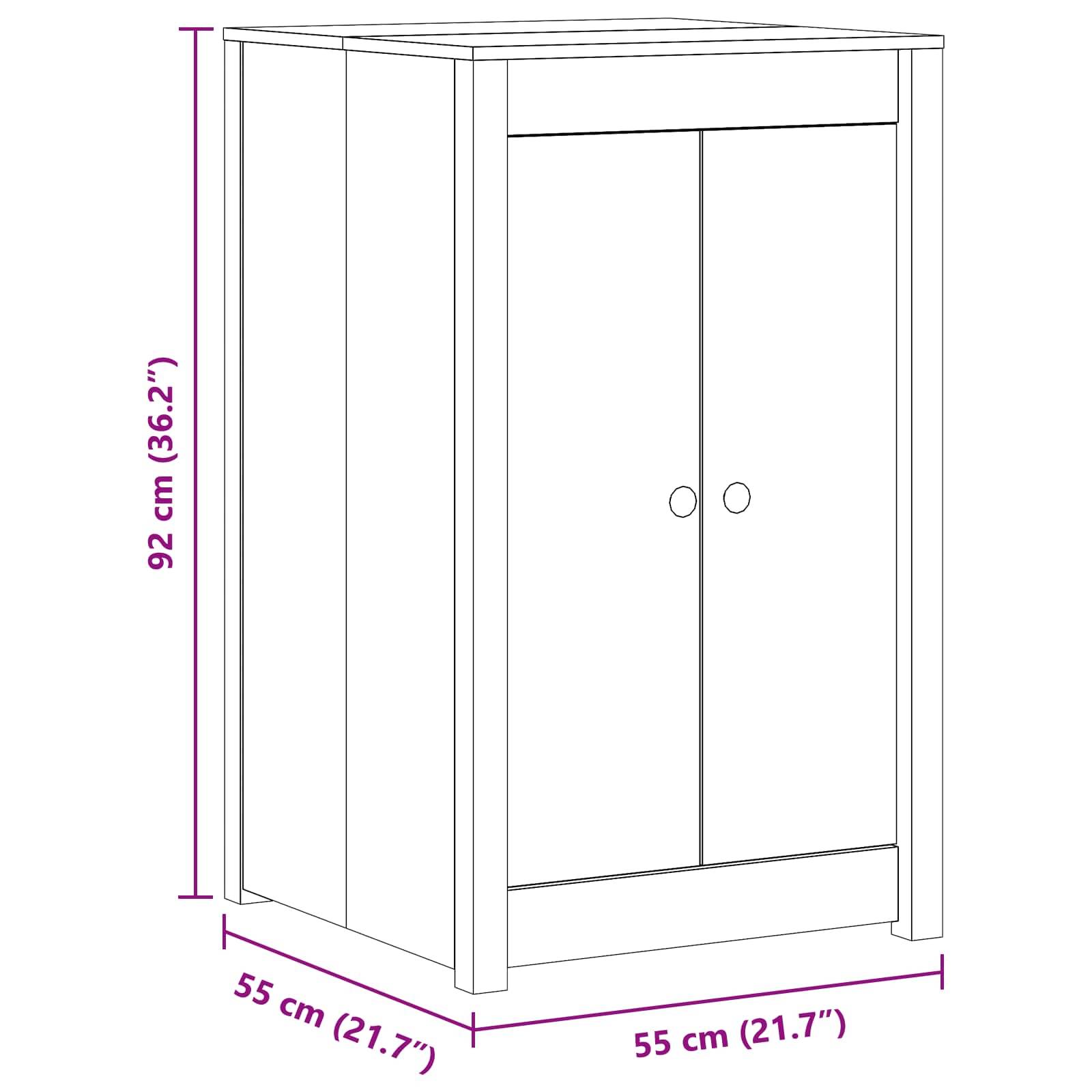 Diagramm eines Kleiderschranks mit zwei Türen, beschriftet mit 92 cm Höhe und 55 cm Breite mal 55 cm Tiefe.