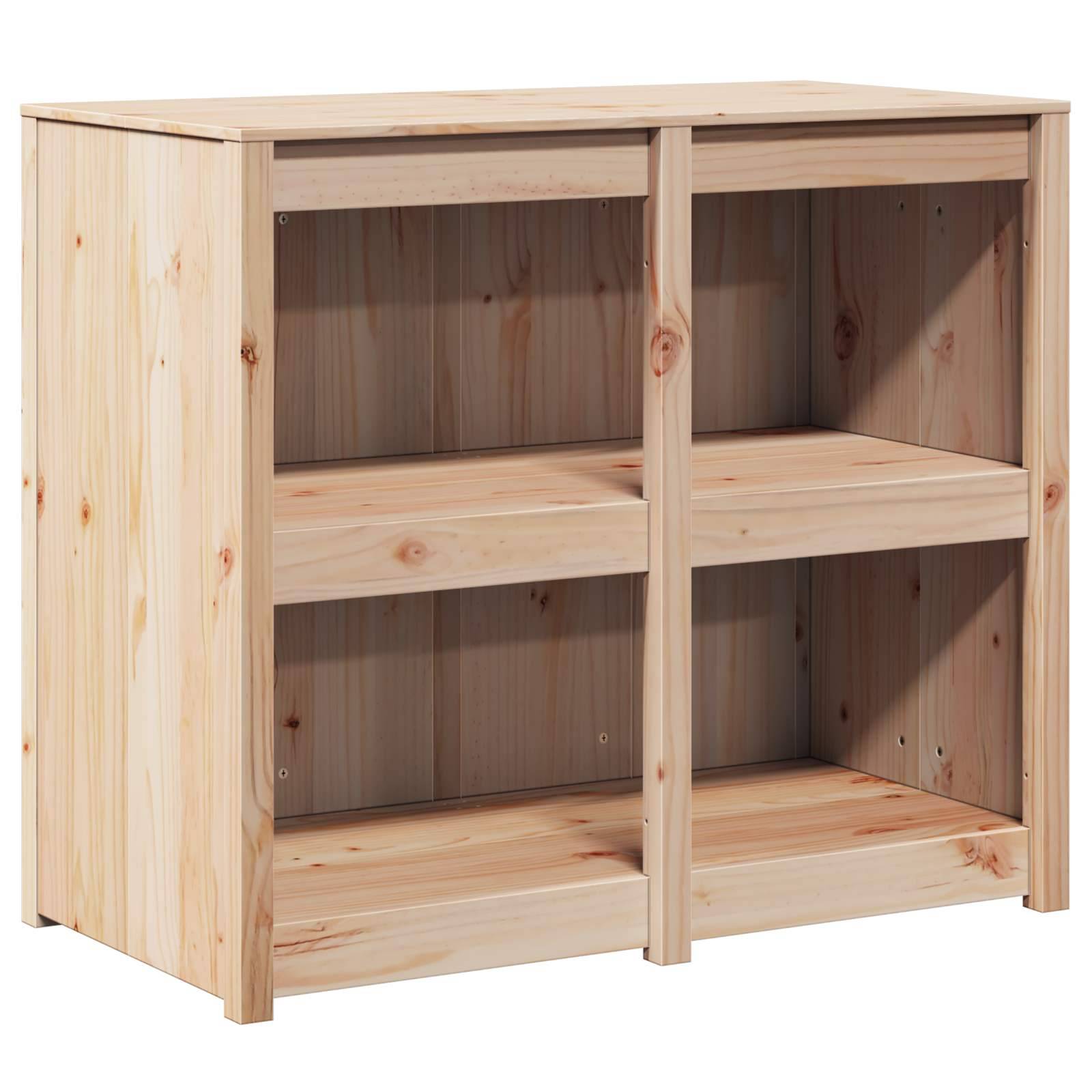 Helles Holz-Aufbewahrungsschrank mit zwei Regalen, offener Vorderseite und vertikalem Mittelteilern, auf weißem Hintergrund dargestellt.