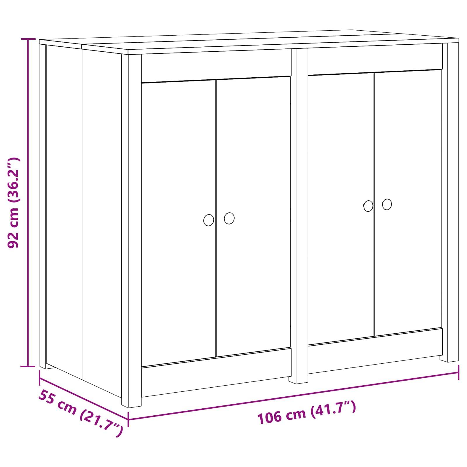 Diagramm eines zweitürigen Schranks mit beschrifteten Abmessungen: 106 cm breit, 55 cm tief und 92 cm hoch.