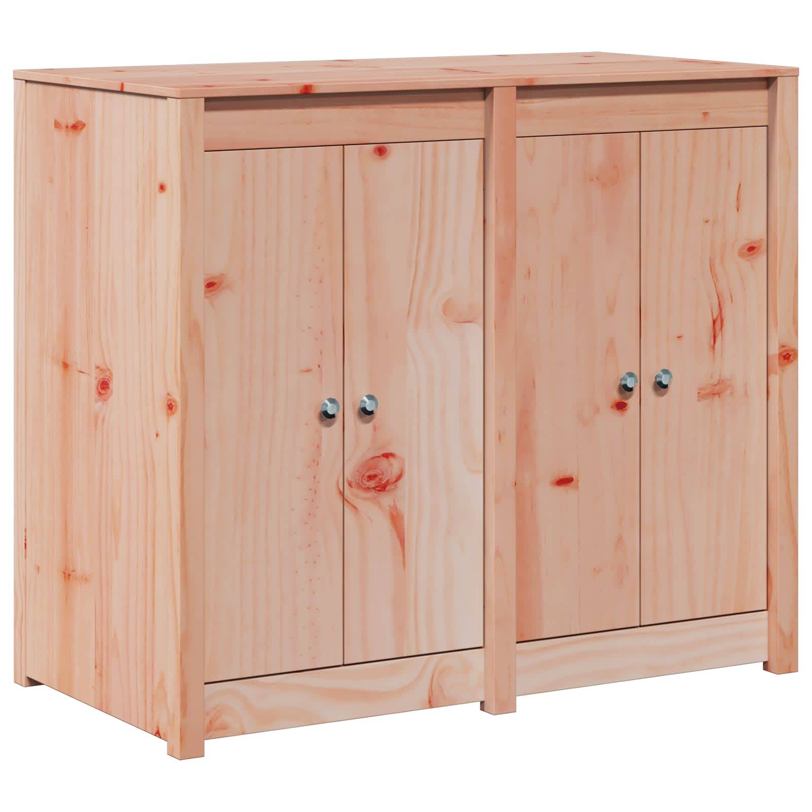 Holzlagerschrank mit zwei Doppeltür-Fächern und silbernen Knöpfen auf weißem Hintergrund.