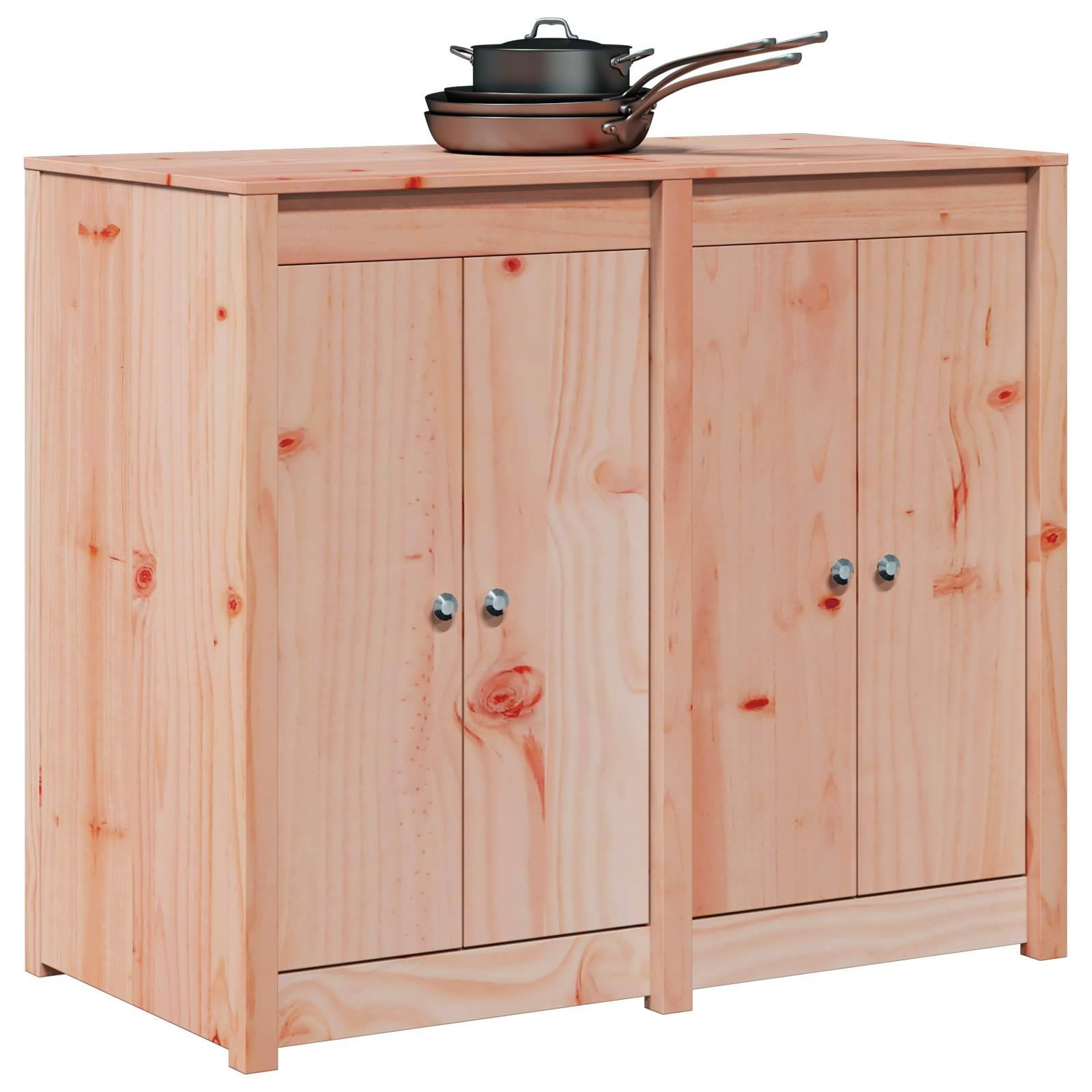 Kiefernholz-Küchenschrank mit zwei Türen und einem Kochtopf oben.