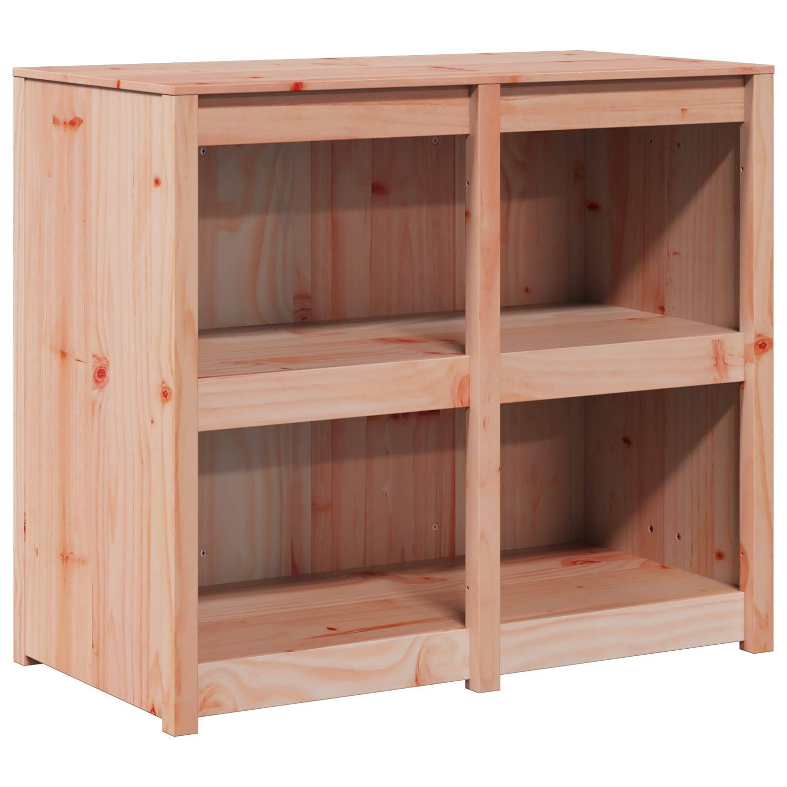 Unvollendeter Holzlagerschrank mit vier offenen Regalen, auf weißem Hintergrund gezeigt.