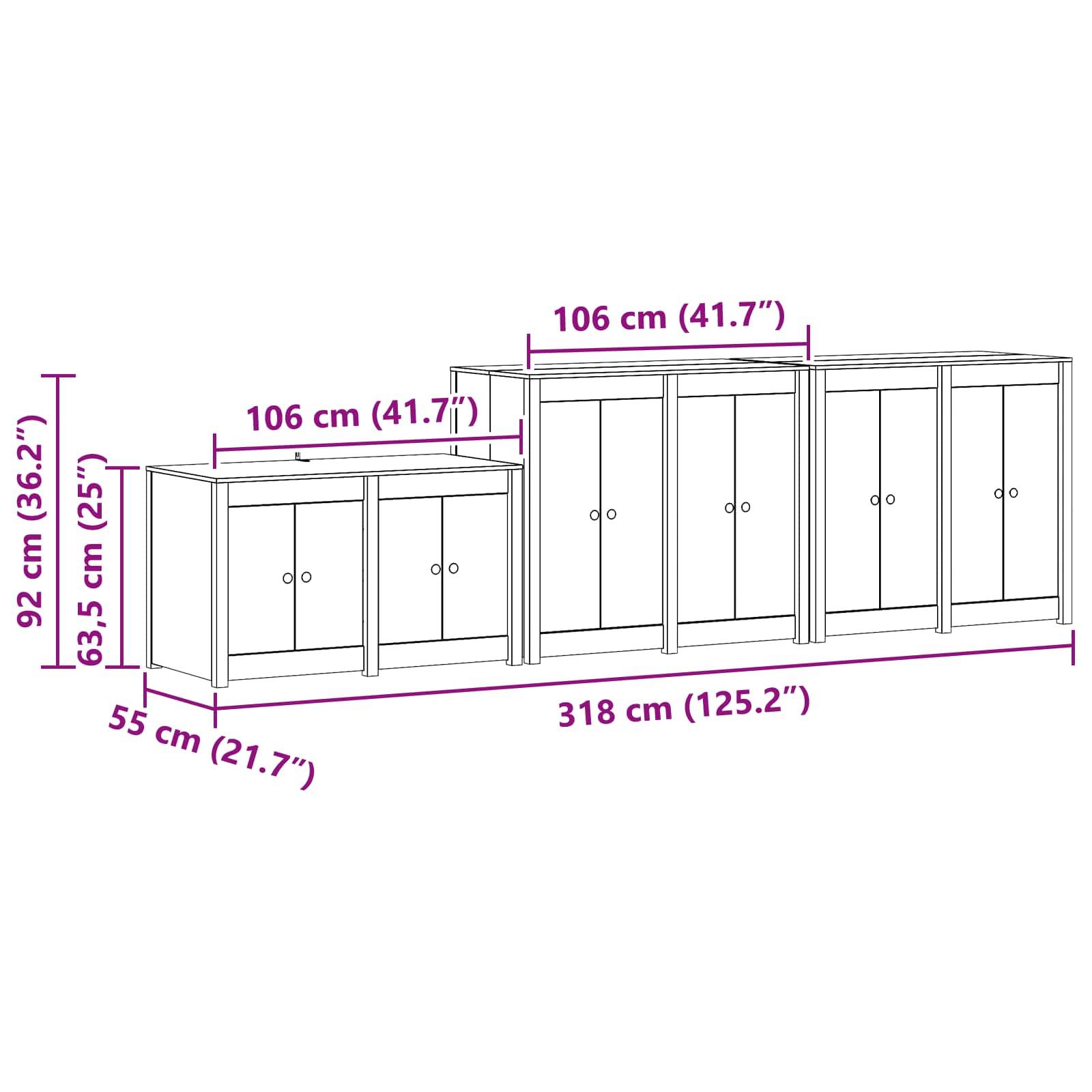 Bemaßte Linienzeichnung von zwei modularen Schränken nebeneinander, die Breiten von 106 cm und insgesamt 318 cm, Tiefe 55 cm sowie Höhen von 92 cm und 63,5 cm zeigt.