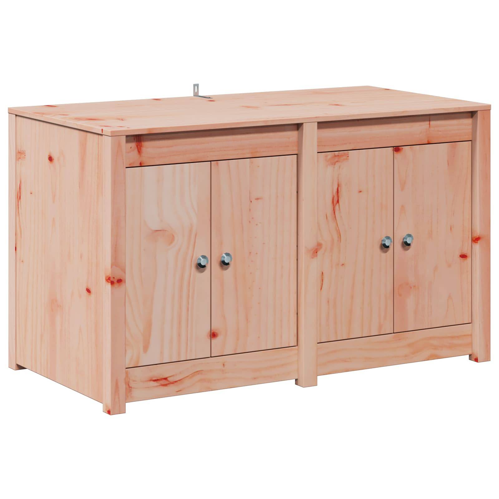 Unvollendeter Holz-Lagerschrank mit zwei nebeneinander angeordneten doppeltürigen Fächern und Metallknöpfen.
