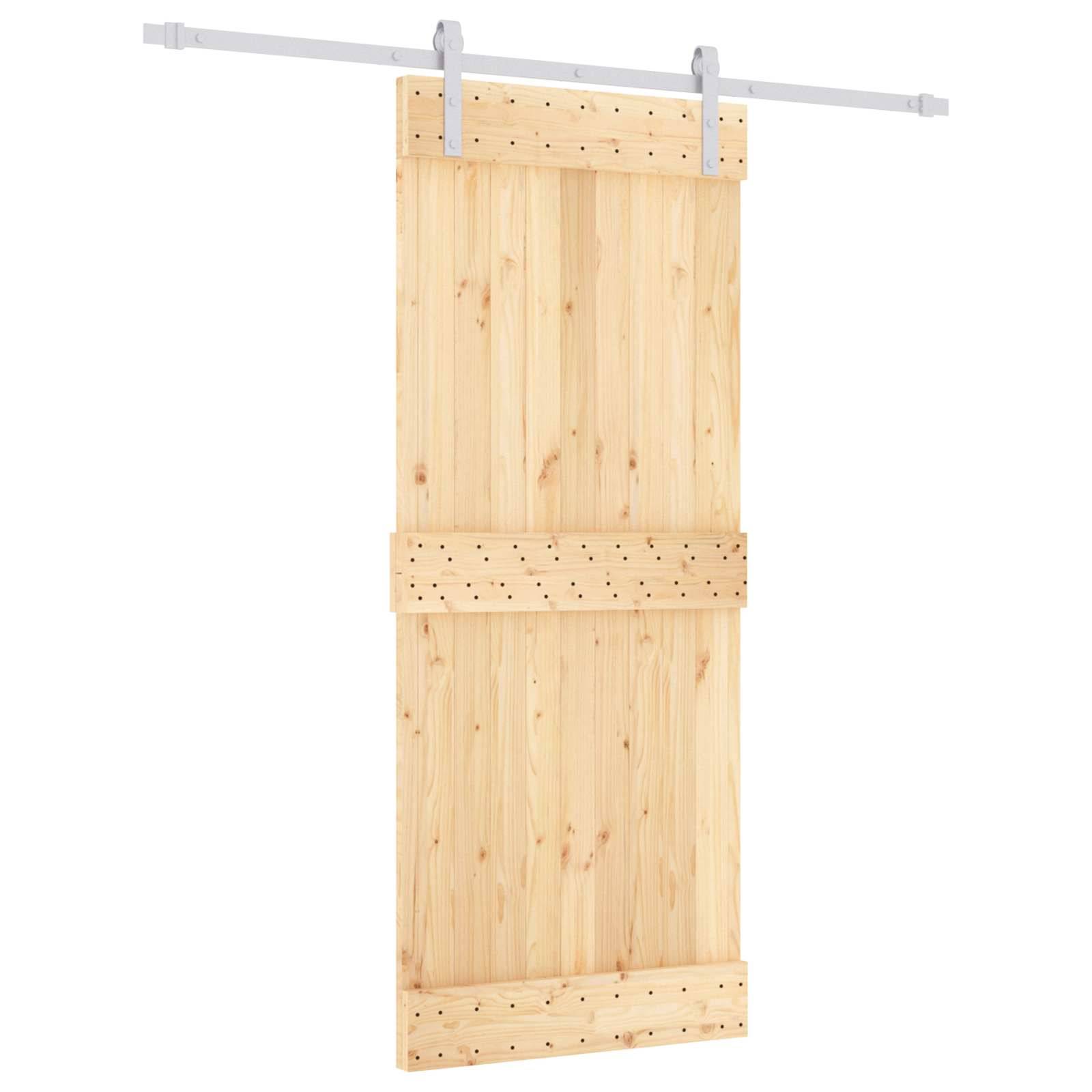 Holzernes Schiebebarndoore-Panel mit Metallschienenbeschlag, auf weißem Hintergrund dargestellt.