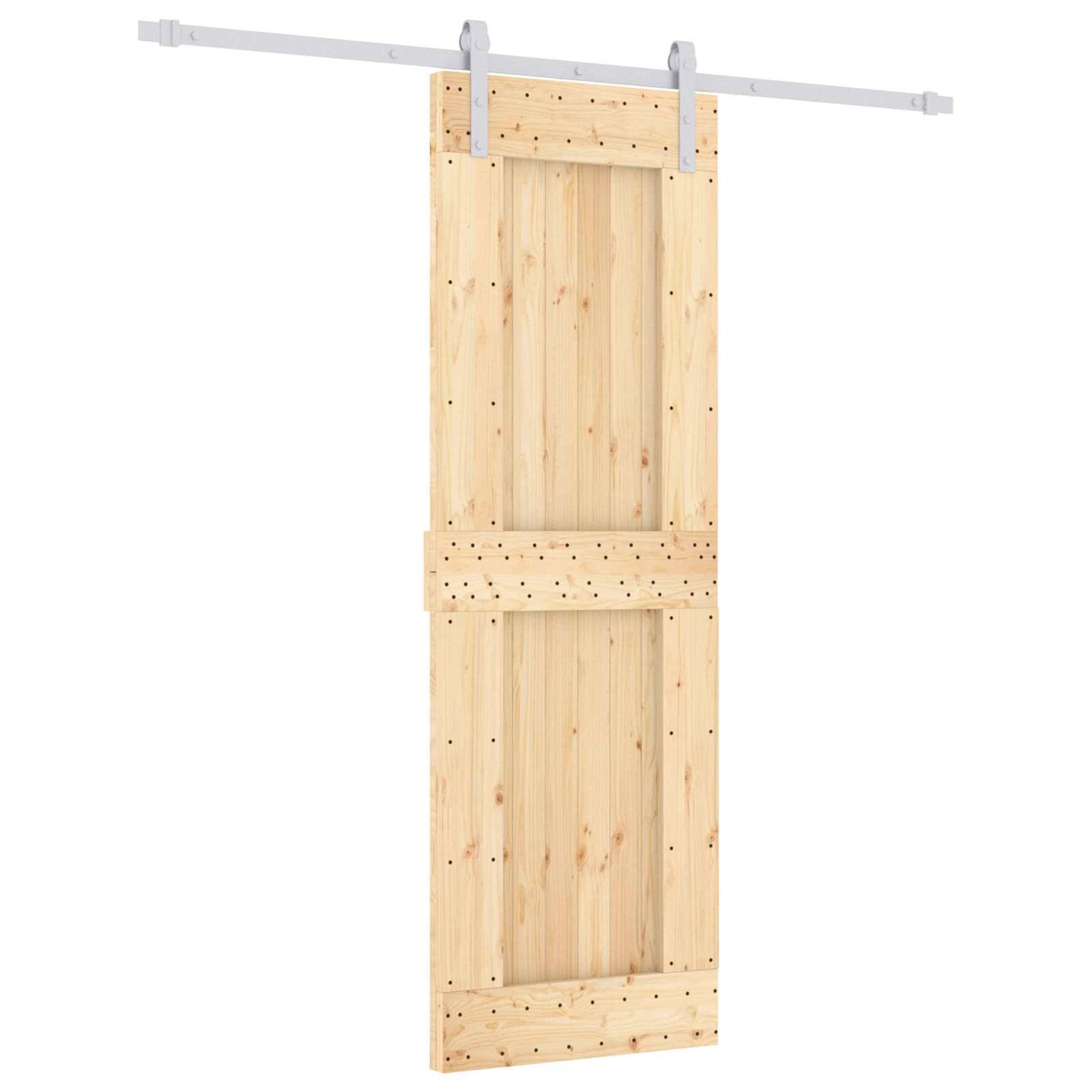 Holzschiebertor mit Aufhängehardware, geschlossen auf weißem Hintergrund dargestellt.