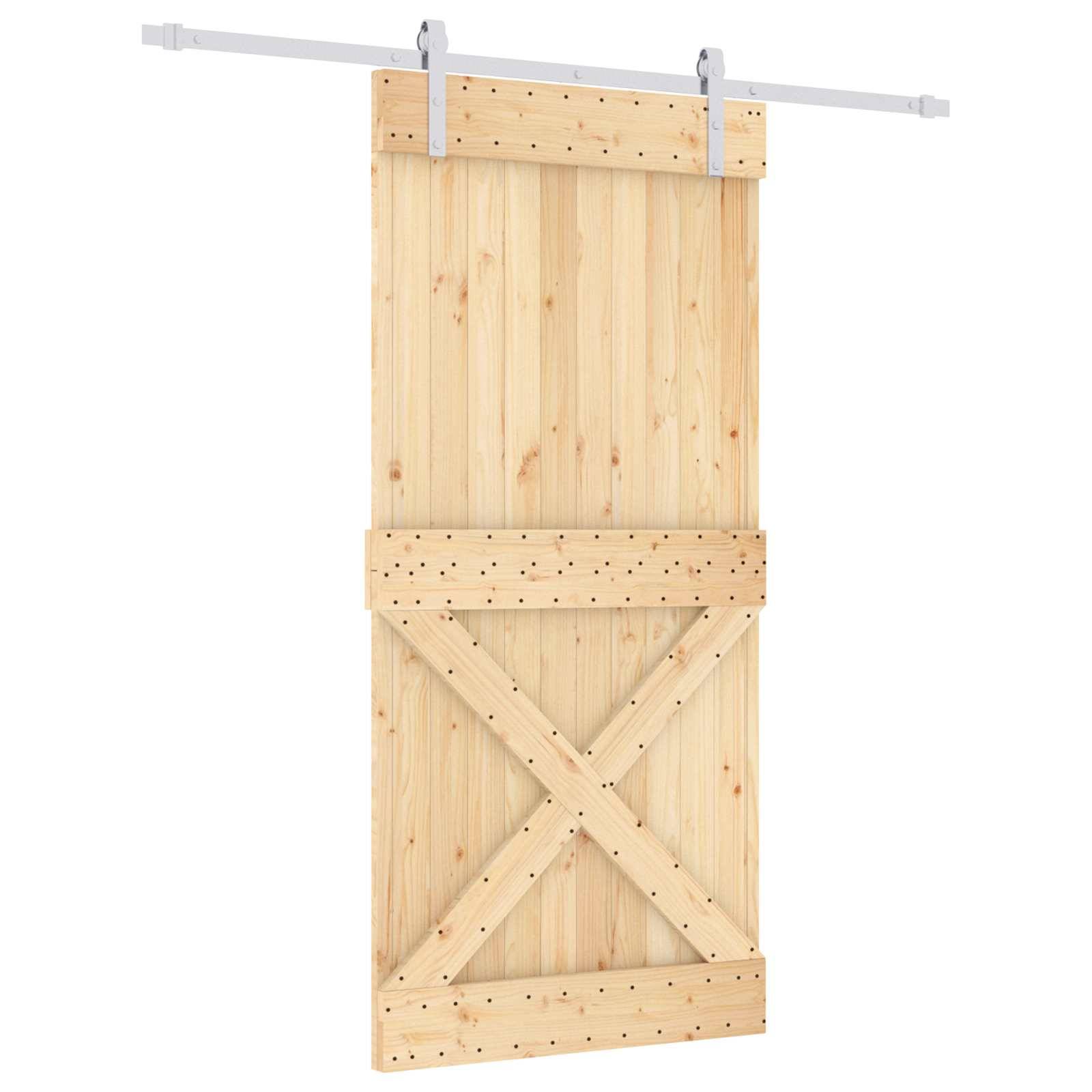 Holzscheunentür mit diagonaler X-Strebebracing, gezeigt hängend an einer Metallschiene.