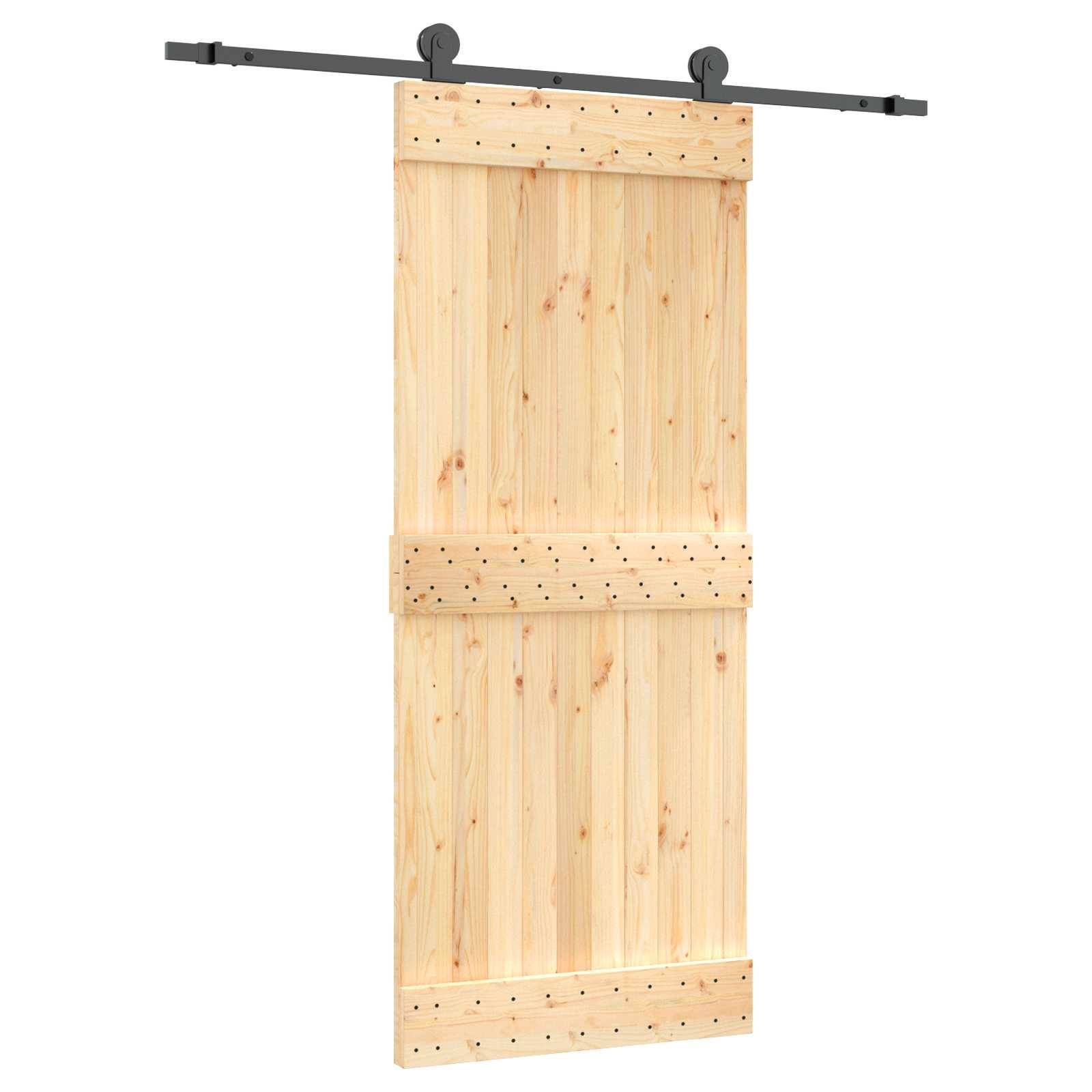 Holzschiebescheunentür-Panel mit dunkler Metall-Schienenhardware auf weißem Hintergrund.