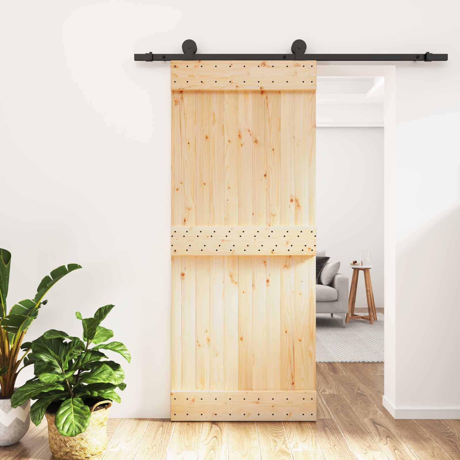 Eine helle Holzschiebescheunentür bedeckt teilweise eine Türöffnung, mit einer Pflanze im Vordergrund und einem dahinter sichtbaren Wohnzimmer.