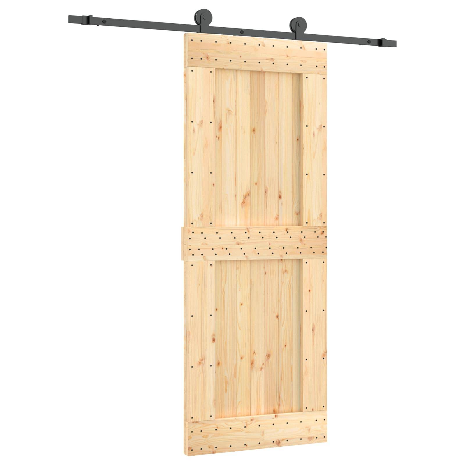 Holzschiebetor-Panel für Scheunentore mit schwarzer Metallaufhängungsvorrichtung, vor weißem Hintergrund gezeigt.